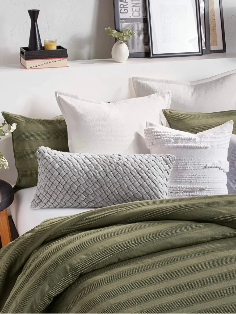 Organic DKNY Pure Avenue Stripe King Duvet Cover Olive Green Cotton Woven Waffle